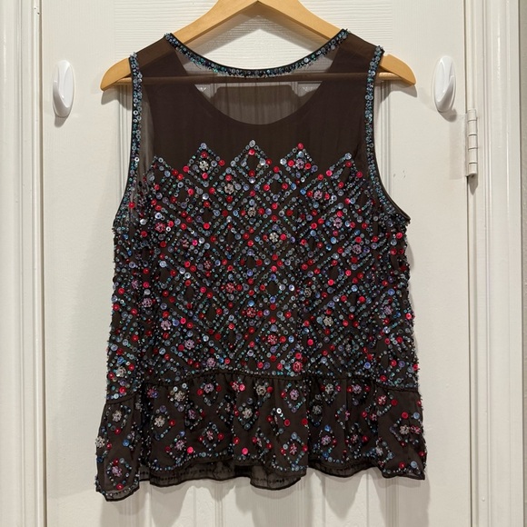 Anthropologie Carnation Lilly Blouse Women’s L Brown Sequin Beaded Sheer Boho - Picture 3 of 12